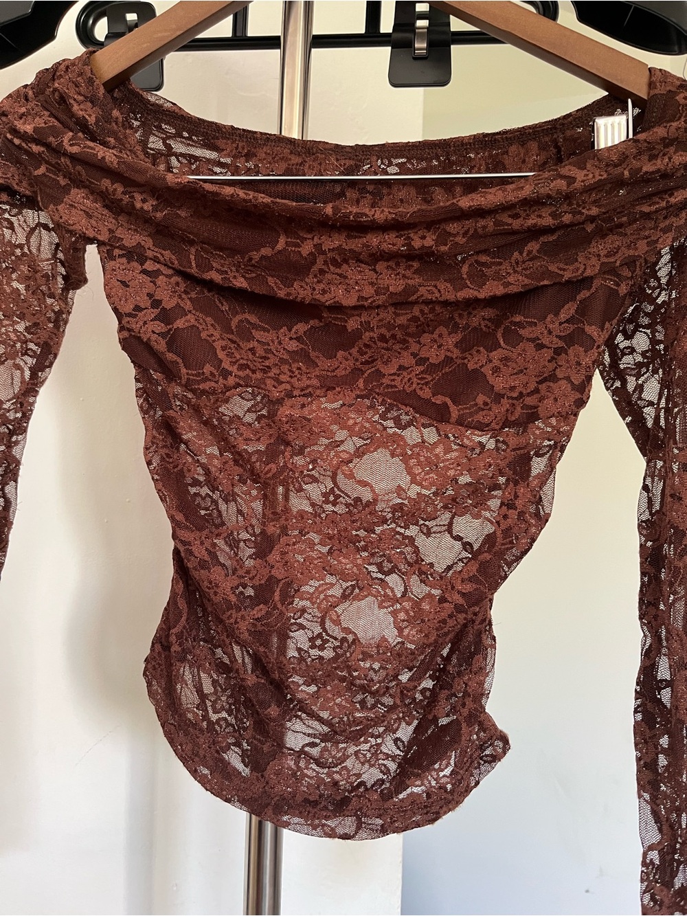 🤎 Brown Off-the-Shoulder Lace Long Sleeve Top | Sheer Floral Lace